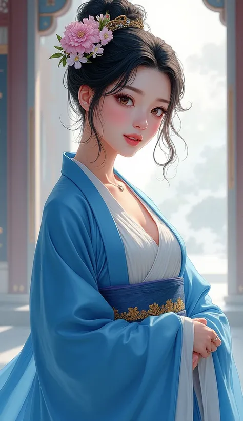 arafed woman in a blue kimono with flowers in her hair, palace ， a girl in hanfu, beautiful character painting, artwork in the style of guweiz, wearing ancient chinese clothes, beautiful digital artwork, beautiful alluring anime woman, wearing blue robe, h...