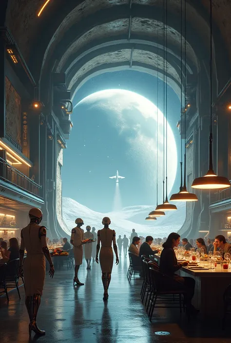 Give me a picture of robots working in a restaurant on the moon serving real people. This restaurant is closed and large but has an opening that allows the rockets to fit inside it.. 