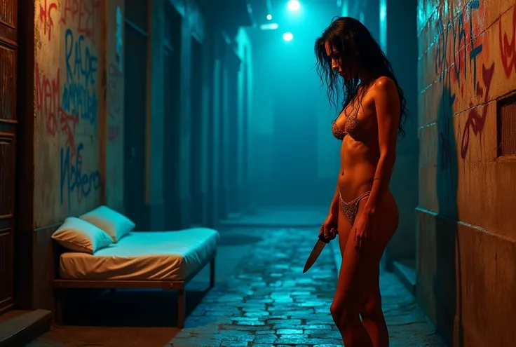 Street Hooker in Barcelona Spain,  exotic, dangerous, Roma gypsy, knife, baby oil, tissue, in a dirty dark alley, night time, cot against the wall (lurid vivid colors, cinematic and volumetric lighting, Technicolor, blue and orange tint, diffused dark back...