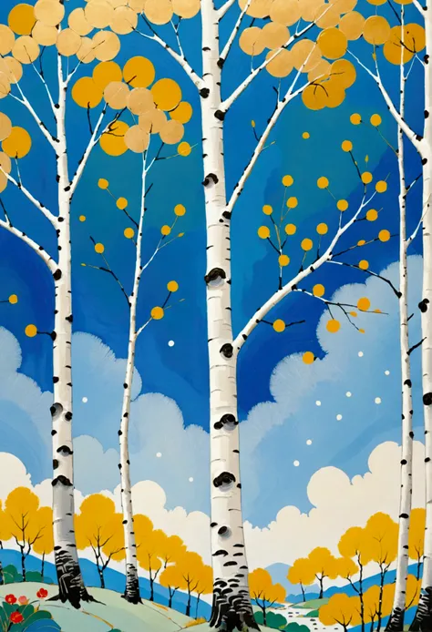 2d，flat，Cloisonné enamel，Chinese style，modern Art，Fine-brush Painting，Chinese aesthetics，Printing pattern，Color ink，Polka dot art，((Dot：1.9))，Freehand，artistic conception，Wu Guanzhong&#39;s artistic style，Minimalism，Birch tree close-up，Elegant and soft ton...