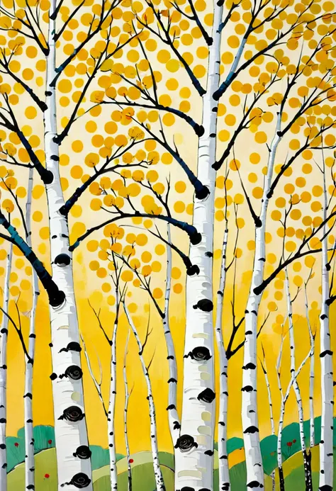 2d，flat，Cloisonné enamel，Chinese style，modern Art，Fine-brush Painting，Chinese aesthetics，Printing pattern，Color ink，Polka dot art，((Dot：1.9))，Freehand，artistic conception，Wu Guanzhong&#39;s artistic style，Minimalism，Birch tree close-up，Elegant and soft ton...