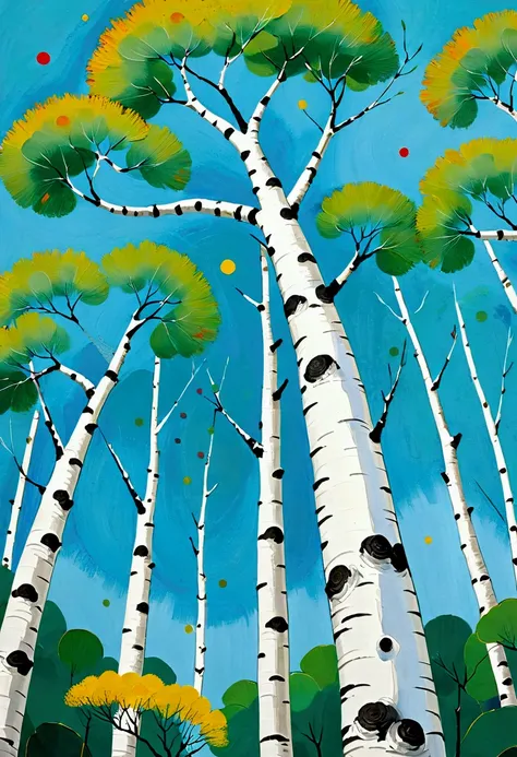 2d，flat，Cloisonné enamel，Chinese style，modern Art，Fine-brush Painting，Chinese aesthetics，Printing pattern，Color ink，Polka dot art，((Dot：1.9))，Freehand，artistic conception，Wu Guanzhong&#39;s artistic style，Minimalism，Birch tree close-up，Elegant and soft ton...