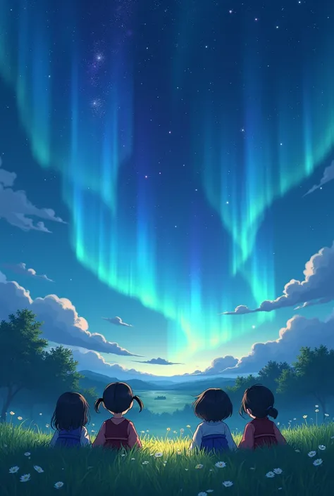 Animie japan Falling stars, the sky has northern lights, children lying on the grass looking at the stars