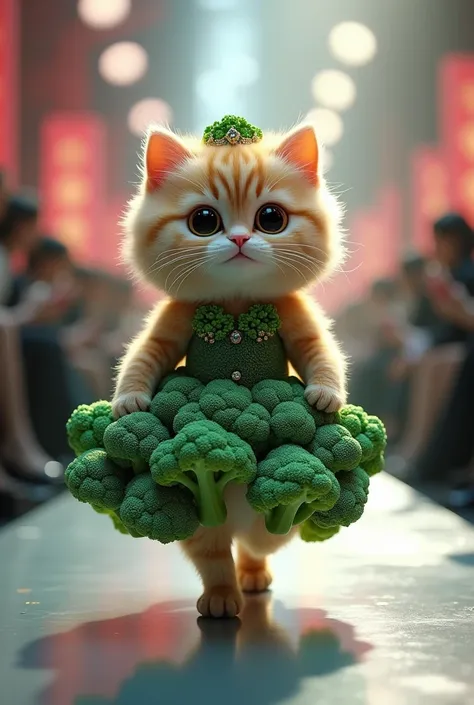 (photorealism:1.2) cute cat wearing broccoli dress walking on the runway 