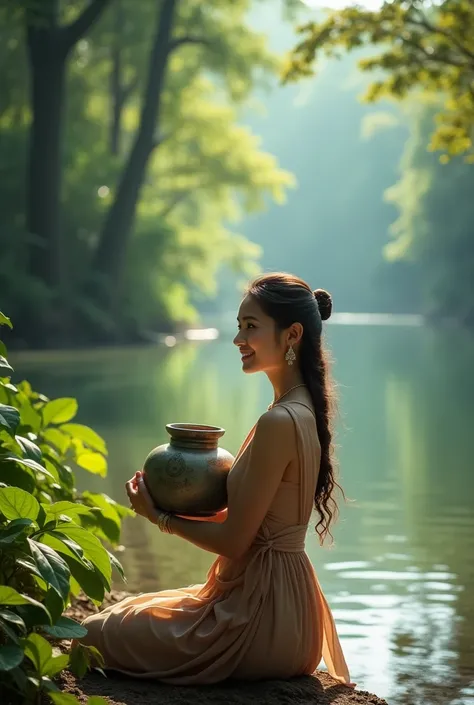 Myanmar lady smile with thanakha on her cheek embraced a water pot near the lake in the forest
