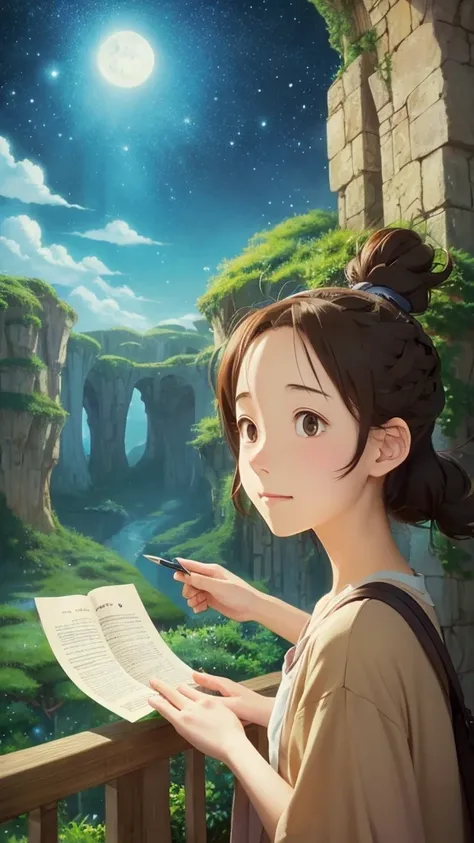 Create an image of an MBTI Logician (INTP) character in a Ghibli-style. The character should exude an intellectual and analytical demeanor, surrounded by a whimsical and magical setting that reflects their curiosity and innovative thinking. Use soft, detai...