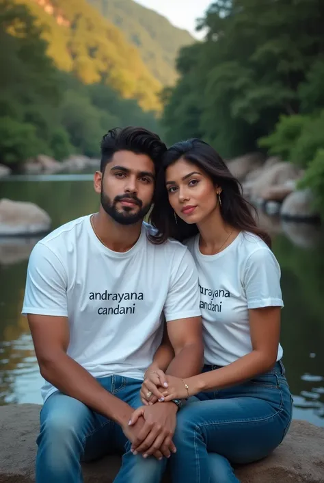 A handsome man and woman facing the camera wearing white t-shirts with the words "andrayana candani", sitting on a rock near the river in the twilight atmosphere, looking at the camera