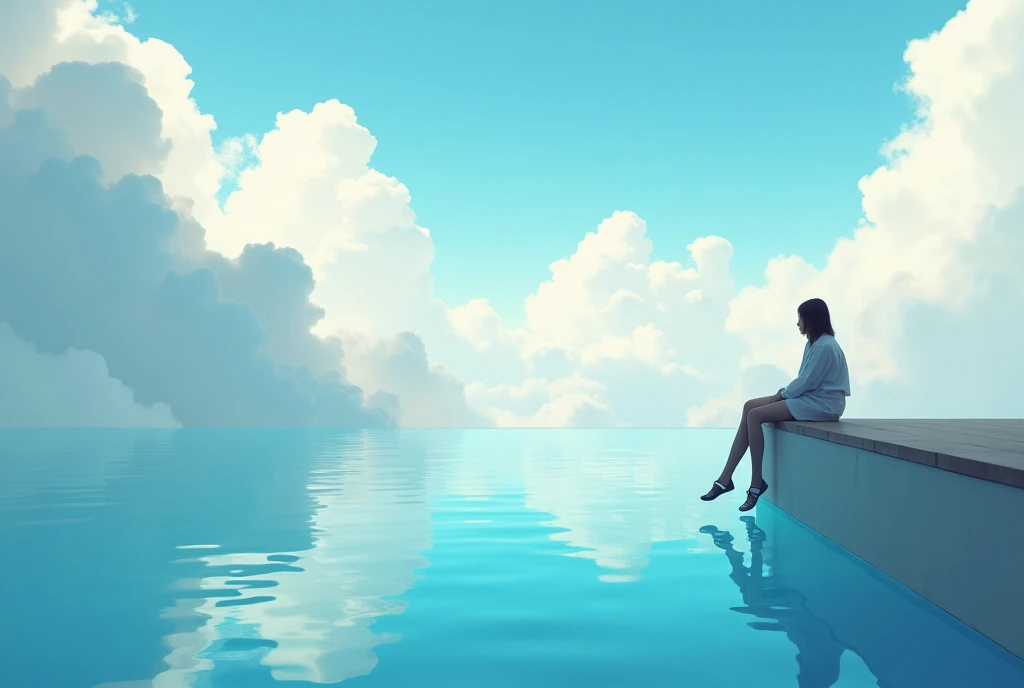 a sky with clouds and under the sky there is a swimming pool, the pool blends into the clouds, there on the edge of the pool along with the clouds there is a person sitting on the edge of the pool 