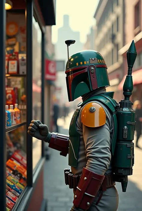 Boba Fett peeking into a toy store、Star Wars、movie、Mandaean、