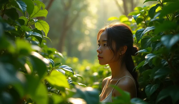 a serene natural setting, sunlight filtering through leaves, individual in contemplative pose, 1 person, detailed face, lush foliage, natural lighting, cinematic shot, photorealistic, intricate details, atmospheric, breathtaking landscape, vibrant colors, ...