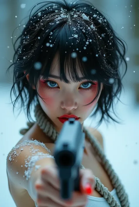 a beautiful white woman with black hair, Youngh, 20 year, short buzzcut style hair, she has a thin face, she has straight bangs down to her eyebrows, wavy and messy hair, she&#39;s pointing a gun at me, His eyes are teary, hunters look, (tears in the eyes:...