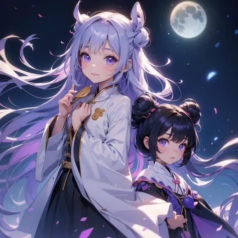 A chibi child girl had a small face and Wearing white little Taoist priests outfit. A pair of big round eyes shone with curiosity about him. This child was so cute, Background is a dark moonless night, with dry trees in the background, and purple glowing l...