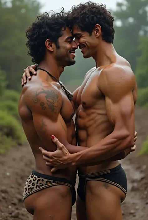 A Indian   boy having curly hair, {age 18} ,green eyes,white skin face and dark skin body, smily face , six pack abs,  muscular legs,  vieny hands , some hair on abs , wearing a black court , and  lepord style underwear, and seating on a muddy land,  some ...