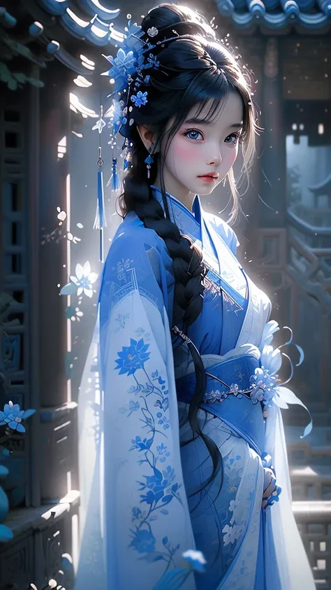 arafed woman in a blue kimono with flowers in her hair, palace ， a girl in hanfu, beautiful character painting, artwork in the style of guweiz, wearing ancient chinese clothes, beautiful digital artwork, beautiful alluring anime woman, wearing blue robe, h...