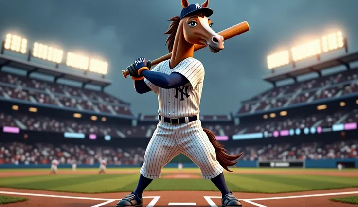 Baseball horse player with bat in toe, ready to take a swing, upright in Yankees Uniform