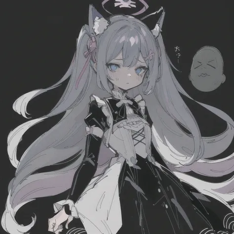 a drawing of a girl with long hair and a bow, , anime girl with cat ears,  in dress, extremely cute anime girl face, anime moe artstyle, with a sad expression, she has a cute expressive face, rem rezero, tired and haunted expression, small  girl, & her exp...