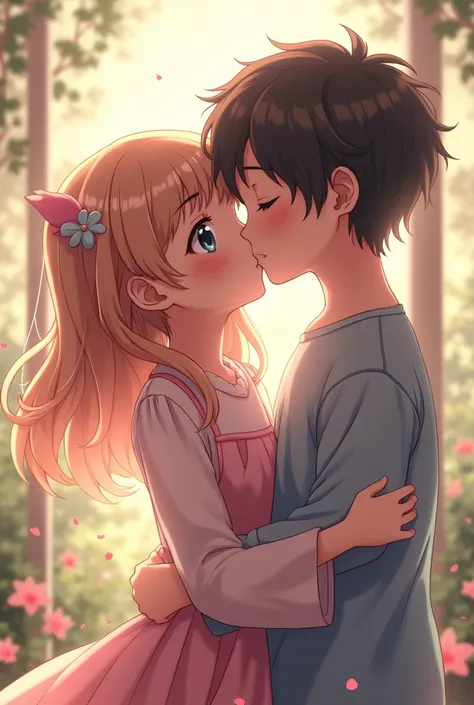 An anime scene between a girl kissing a boy 