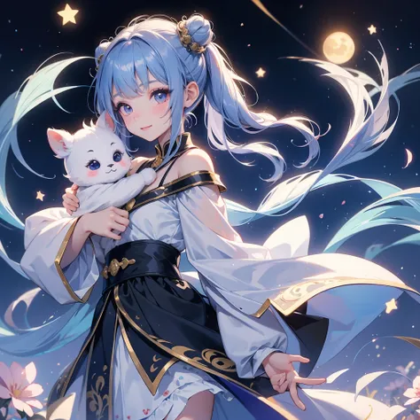 A chibi child girl had a small face and Wearing white little Taoist priests outfit. A pair of big round eyes shone with curiosity about him. This child was so cute, Background is a dark night, with moonlight and millions of stars, twinkling everywhere, wit...