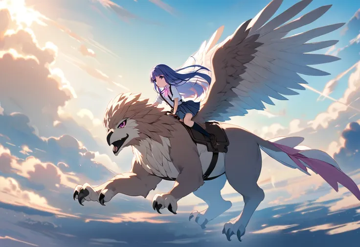 (griffin), ((riding griffin)), (rika furude), woman, alone, long hair, blue hair, purple eyes, school uniform, pink ribbon, coll...