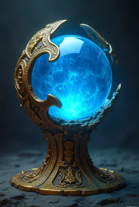 Blue crystal ball inside gold runic carvings