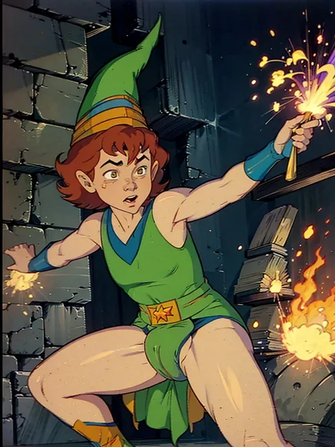 a redhead cartoon character, wonder woman outfit, green diaper, very muscular,  male wizard, 1980s cartoon, animated episode still, Presto (((mad))), ((Wears a wizard hat))