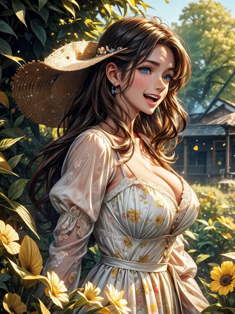 In a flower garden there is big tits girl, big boobs:1.4, big breasts:1.5, wearing yellow floral print sexy frock with deep neck cut, curly hail floating in the air, sunshine ober her head, uhd, 30 yrs old girl, mature, sexy, mature female, European girl,1...