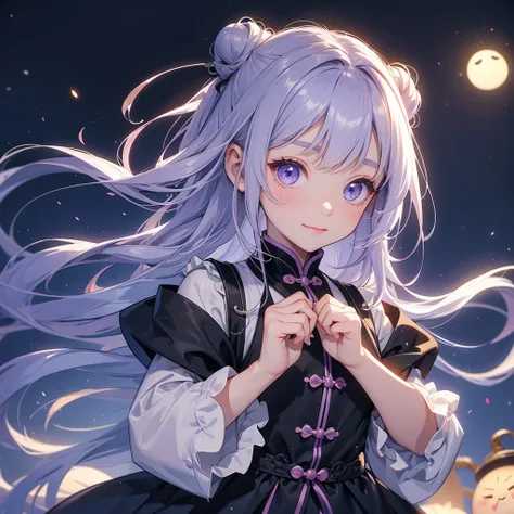 A chibi child girl had a small face and Wearing white little Taoist priests outfit. A pair of big round eyes shone with curiosity about him. This child was so cute, Background is a dark moonless night, with dry trees in the background, and purple glowing l...