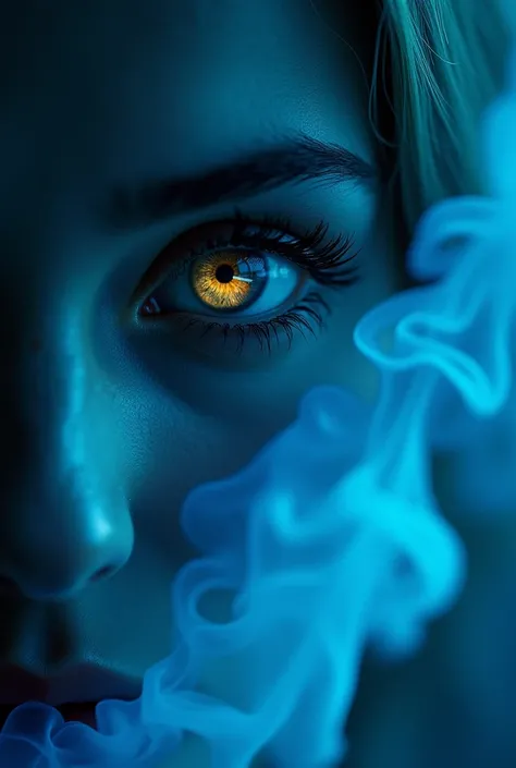 A majestic work of art, a commissioned woman, intricately detailed, with an intense, piercing gaze emanating from her singular, striking eye, set against a backdrop of ethereal, swirling blue smoke that appears to shift and undulate as if alive, illuminate...