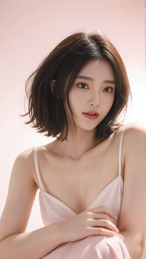 Photographic Fidelity, whole body、Pastel pink transparent hairstyle、like々Beautiful, Pink Background, The light is shining in the center, Hands are placed on cheeks so nails are visible, Sweet and cute, Satin dress、White、the chest is hidden、Korean Girl Grou...