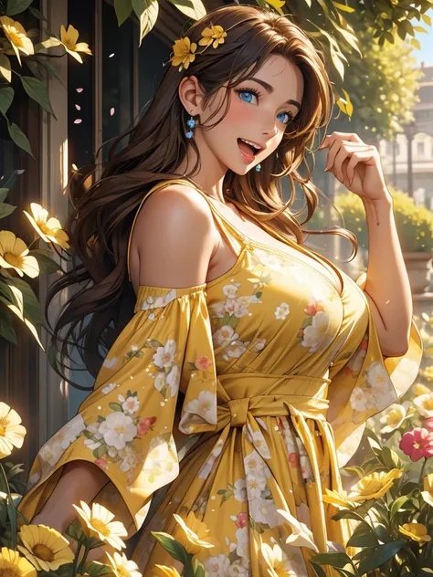 In a flower garden there is big tits girl, big boobs:1.4, big breasts:1.5, wearing yellow floral print sexy frock with deep neck cut, curly hail floating in the air, sunshine ober her head, uhd, 30 yrs old girl, mature, sexy, mature female, European girl,1...