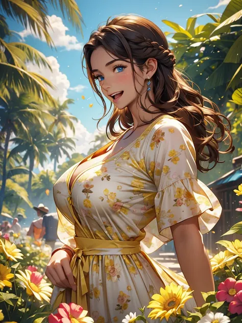 In a flower garden there is big tits girl, big boobs:1.4, big breasts:1.5, wearing yellow floral print sexy frock with deep neck cut, curly hail floating in the air, sunshine ober her head, uhd, 30 yrs old girl, mature, sexy, mature female, European girl,1...