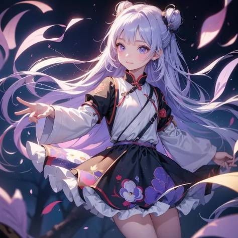 A chibi child girl had a small face and Wearing white little Taoist priests outfit. A pair of big round eyes shone with curiosity about him. This child was so cute, Background is a dark moonless night, with dry trees in the background, and purple glowing l...