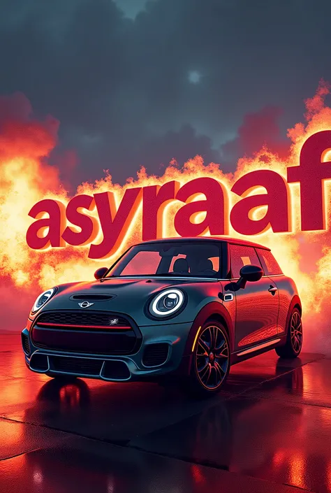 High-end advertising, mini cooper car with the 3d words "asyraaf" written in big, colorful, artistic and dramatic with a realistic 3d explosion effect