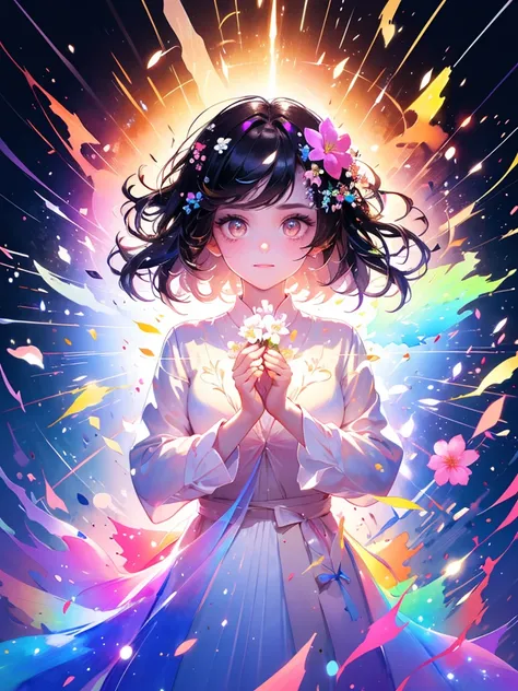 (masterpiece、Highest quality、Highest quality、Beautiful and beautiful:1.2)、Excellent anatomy、（Watercolor painting 1.5）、Long Shot、 beautiful girl, Rainbow Hair, Hold the transparent flower close to your face with both hands, Wonderful flower field, night, Ko...