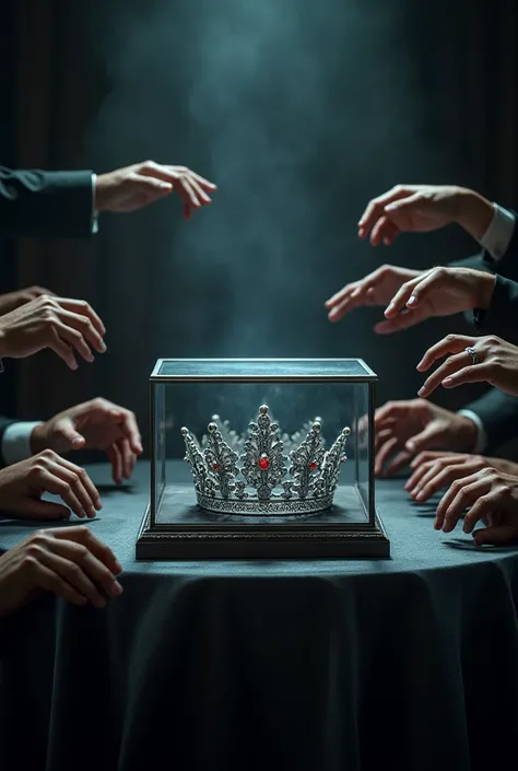 (bookcover) silver wedding crown, Wedding crown in a glass box on the table, dark background, many hands want to grab the wedding crown.