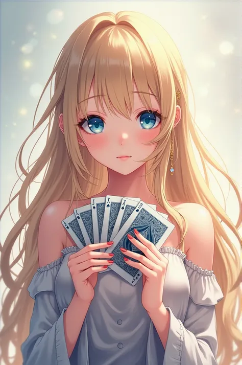 Anime girl with long blond slightly wavy hair, and a deck of cards in her hands. Her eyes are deep blue. She seems kind. 