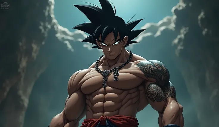 Goku black shirtless with his left arm tattooed and a chain around his neck
