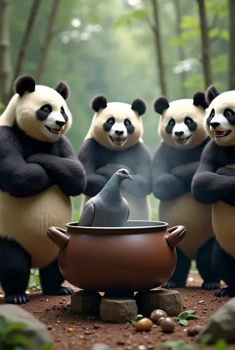 Ultra-realism, (masterpiece, best quality, ultra detailed, photorealistic:1.2), ((Muscular panda has a smiling expression)), A group of muscular pandas with folded arms are gathered around watching a grey pigeon being cooked in a big stockpot on the stove....