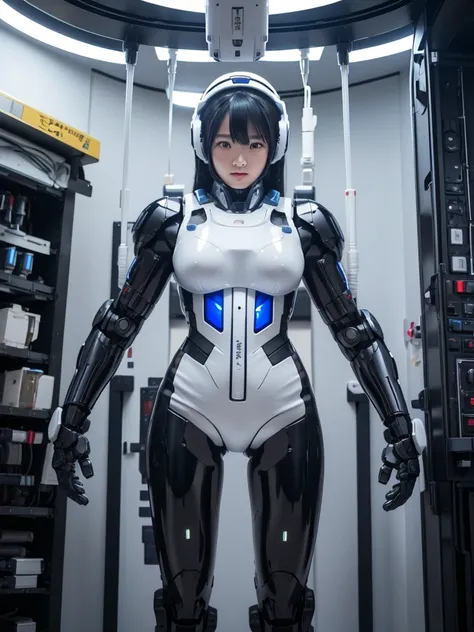 Japanese female android,Black Hair,It is suspended from the ceiling and floats,Plump,Slightly thicker,White robot suit,There is a control panel on the chest.,Robotic arms and legs,A room filled with machines,