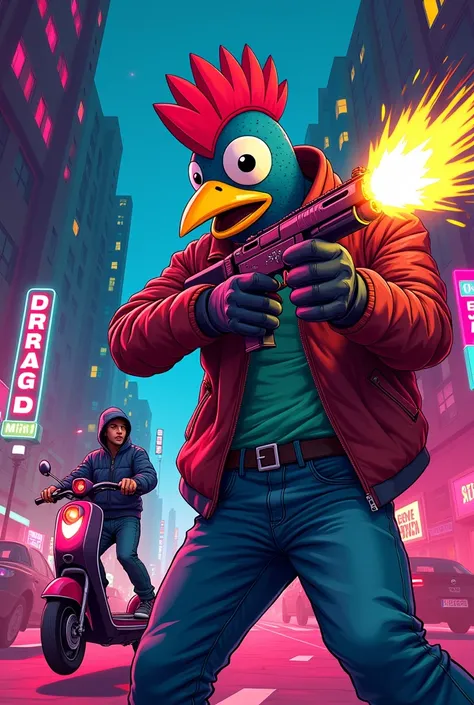 Hotline miami cartoon style picture. The painting shows a man in a rooster mask shooting at a man on an electric scooter.