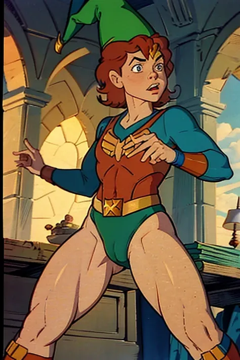 a redhead cartoon character, wonder woman outfit, green diaper, very muscular,  male wizard, 1980s cartoon, animated episode still, Presto (((mad))), ((Wears a wizard hat))