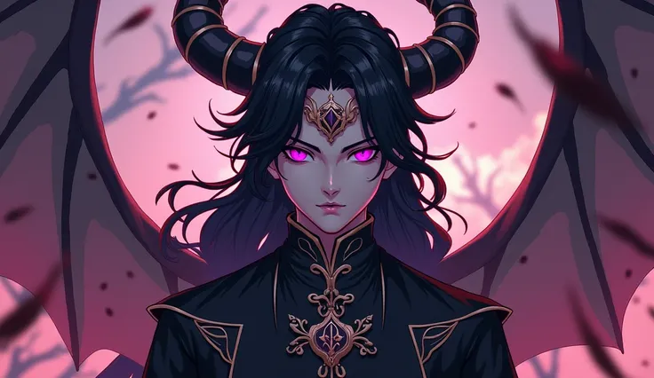 ((Highest quality)), ((masterpiece)), (detailed),The outfit has the dignity of a king of the demon world.、Black Hair、Purple Eyes、A dignified and cool guy、Anime Style、Hand-drawn drawing、Demon King&#39;s Hair Ornament、No horns