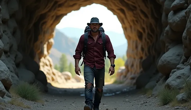 Hyper realistic, a 2 Indonesia man walking alone into a large stone tunnel. Look straight ahead. wearing dark red flannel shirt and dark ripped jeans pants and black hiking hi-shoes with black backward trucker hat, wear dark leather backpack, photoshoot po...