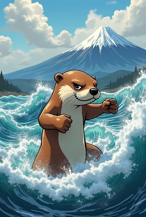 Masterpiece、A cartoon otter punching into rough waves、Background like the Eight Views of Mount Fuji