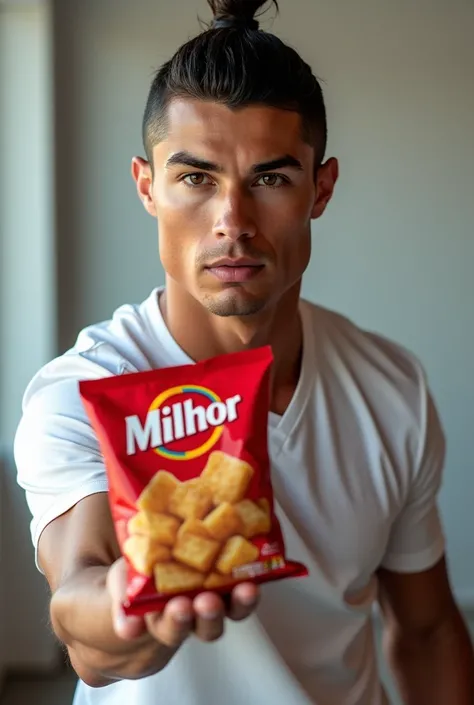 Cristiano Ronaldo holding one of the packages, snack brand poster boy, Brand Name "milhor", Brand Name na embalagem do salgadinho