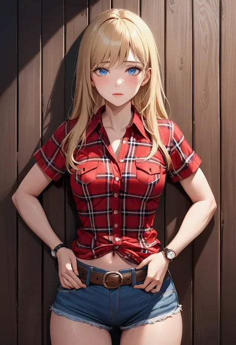 Woman with long blonde hair, blue eyes, An athletic body, Red plaid tight short sleeve collared cowgirl shirt, watch, Navel exposed, Denim hot pants, Brown belt with oval buckle, Stand up straight, Drunk,Strong hiccups,In front of a wooden wall,Front view,...