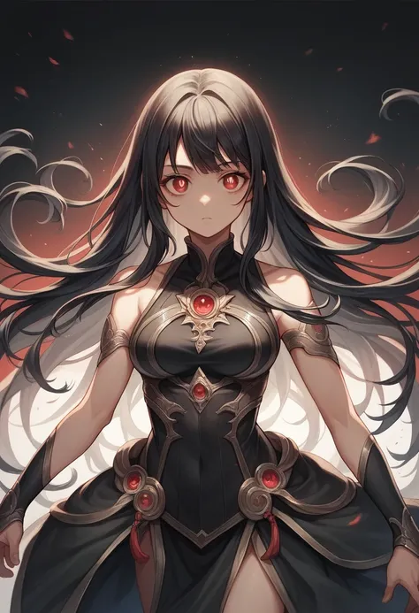 anime, masterpiece, best quality, UHD, anatomy correct, hand correct, detailed skin, detailed pupils, detailed hair woman, cool woman, hair correct, standing pose, dynamic pose, black hair, straight, long hair, red eyes, ghotic, ghotic outfit, cute, wear b...