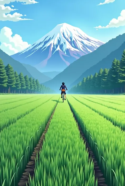 The theme is the rural scenery of Japan.、Realistic image of rice field、There is a mountain in the back々towering、A junior high school student in uniform can be seen in the distance riding a bicycle on his way home from school.