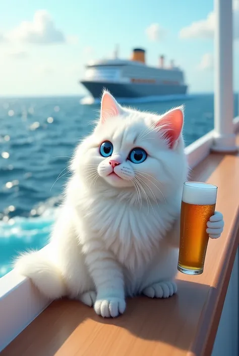 White cat on a cruise ship sailing through the sea with a beer in hand