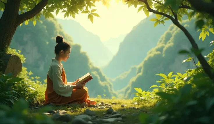 a serene natural a 2  budha setting and reading book, sunlight filtering through leaves, individual in contemplative pose, 1 person, detailed face, lush foliage, natural lighting, cinematic shot, photorealistic, intricate details, atmospheric, breathtaking...